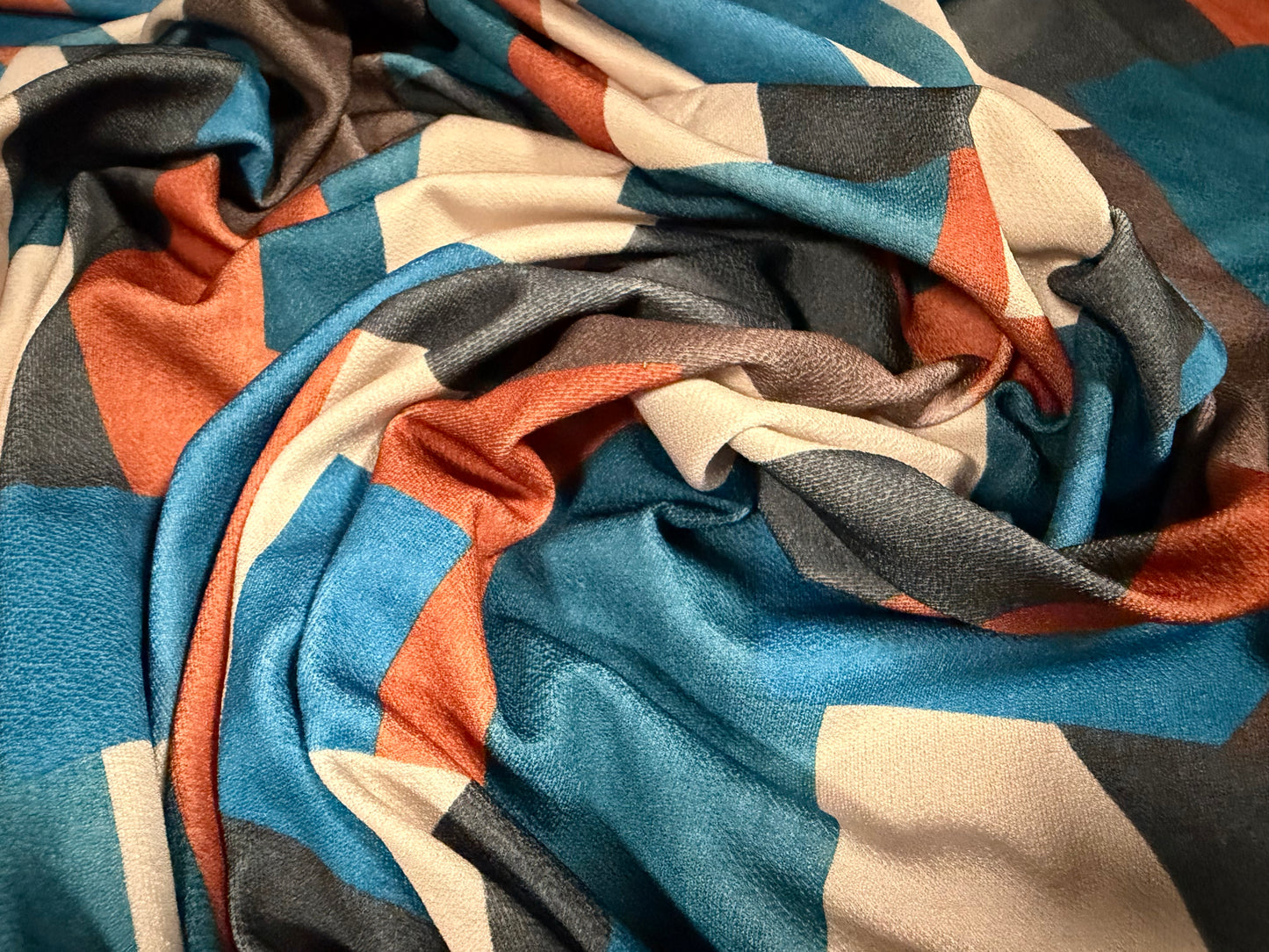 Stretch spandex crepe single jersey dress fabric, per metre - colour block shapes print - teal terracotta & cream