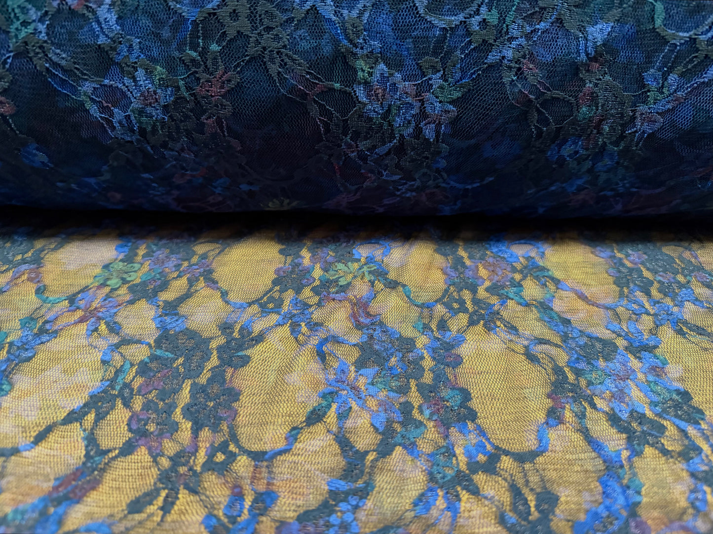 Stretch spandex mesh lace fabric, per metre - floral print - navy, Royal blue & plum