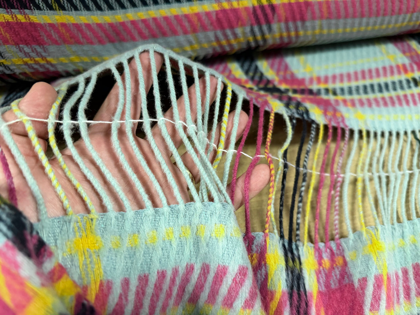 Heavyweight wool fringe flannel fabric, per metre - tartan - aqua & cerise