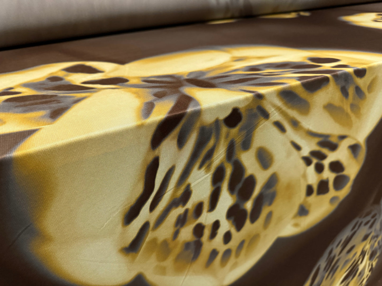 Power mesh net stretch spandex fabric, per metre - orchid print - dark brown & mustard