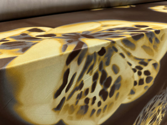 Power mesh net stretch spandex fabric, per metre - orchid print - dark brown & mustard