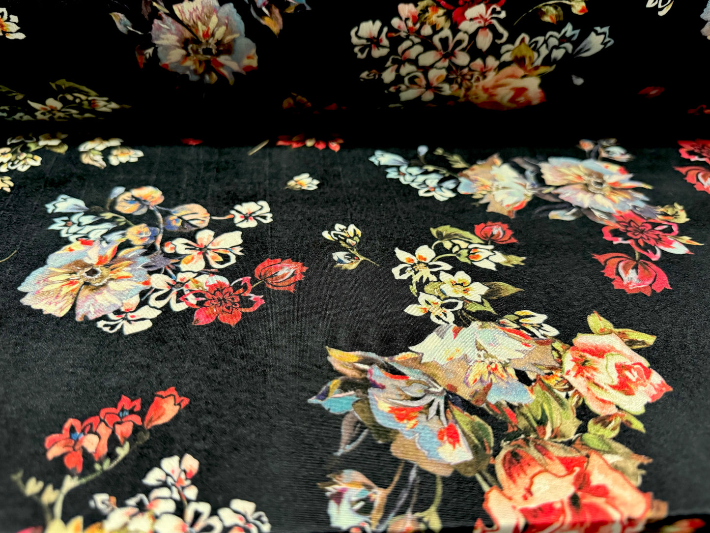 Soft touch stretch spandex single jersey fabric, per metre - flourish print - black with multicolour flowers