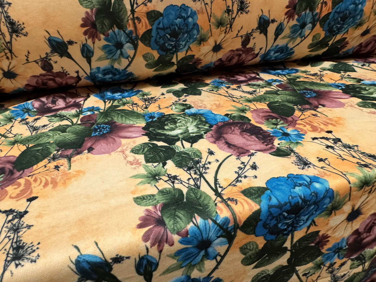 Double jersey upholstery fabric, per metre - wild rose print - old gold & cobalt