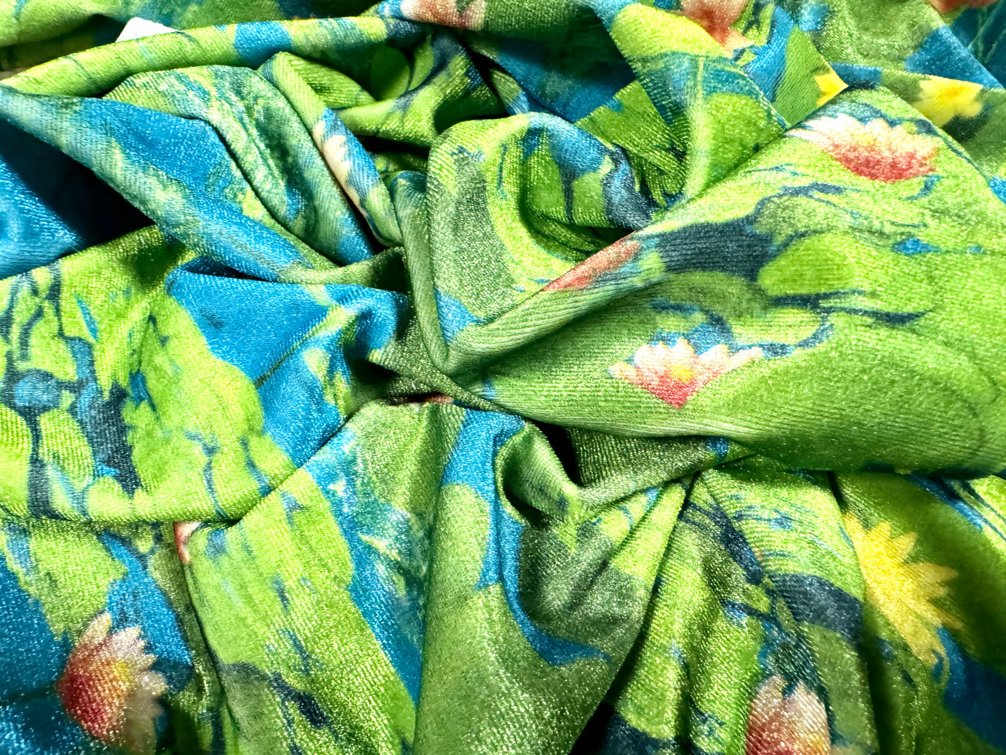 Spandex velvet stretch dress fabric, per mere - water lilies print - green & blue