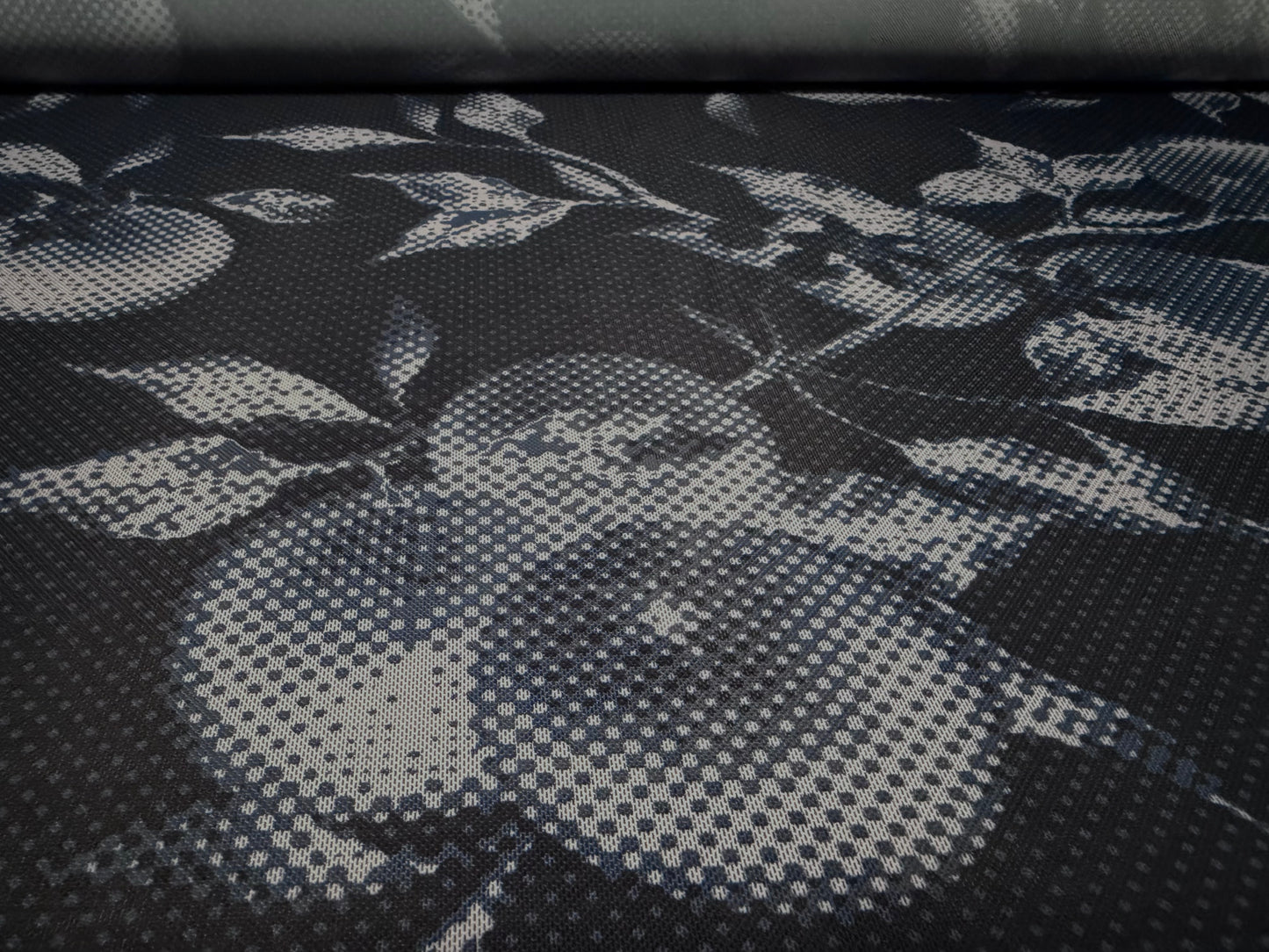 Power mesh net stretch spandex fabric, per metre - blueberry fruit print