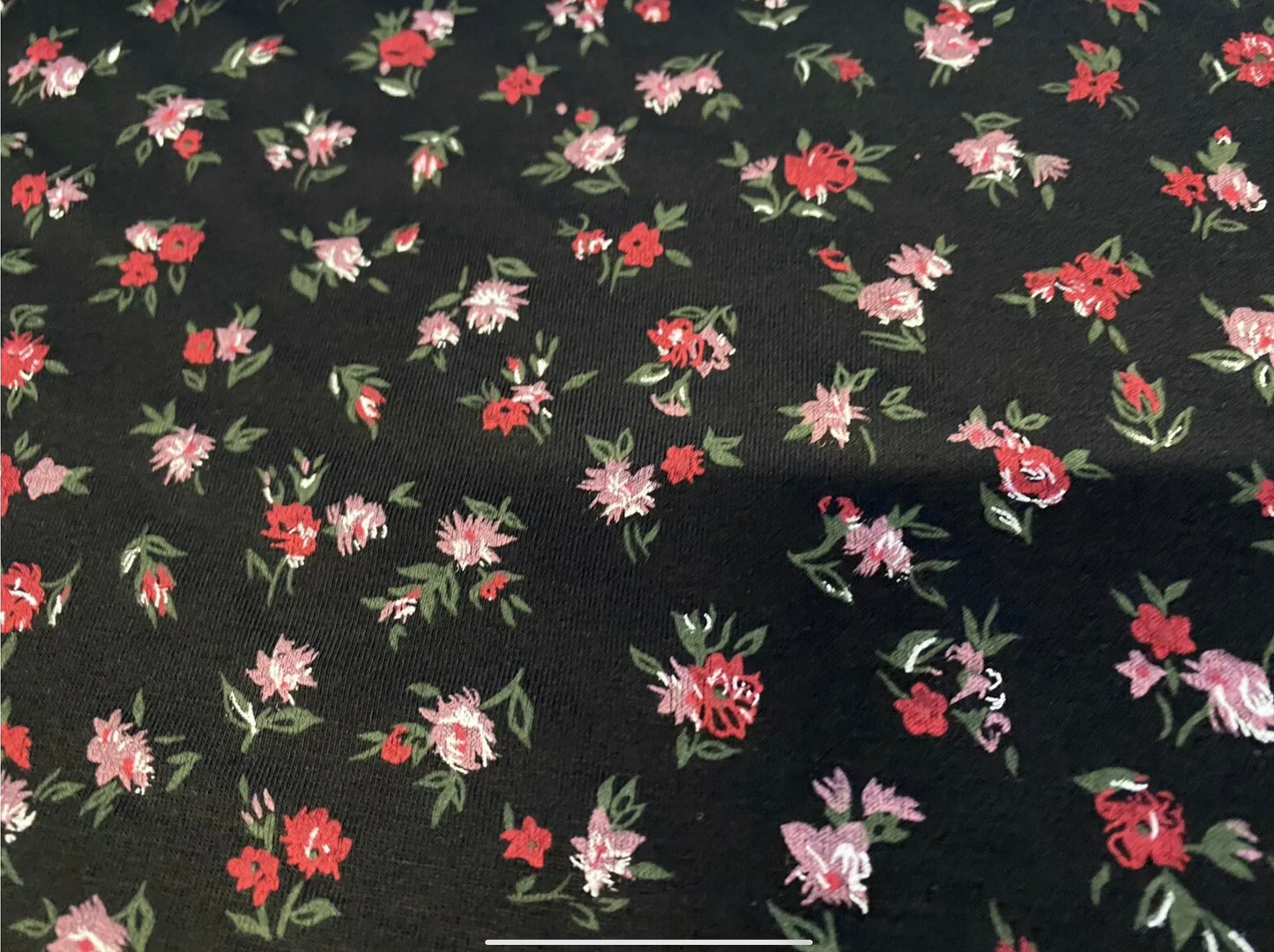 Viscose spandex stretch single jersey fabric, per metre - ditsy flower print - black lavender & red