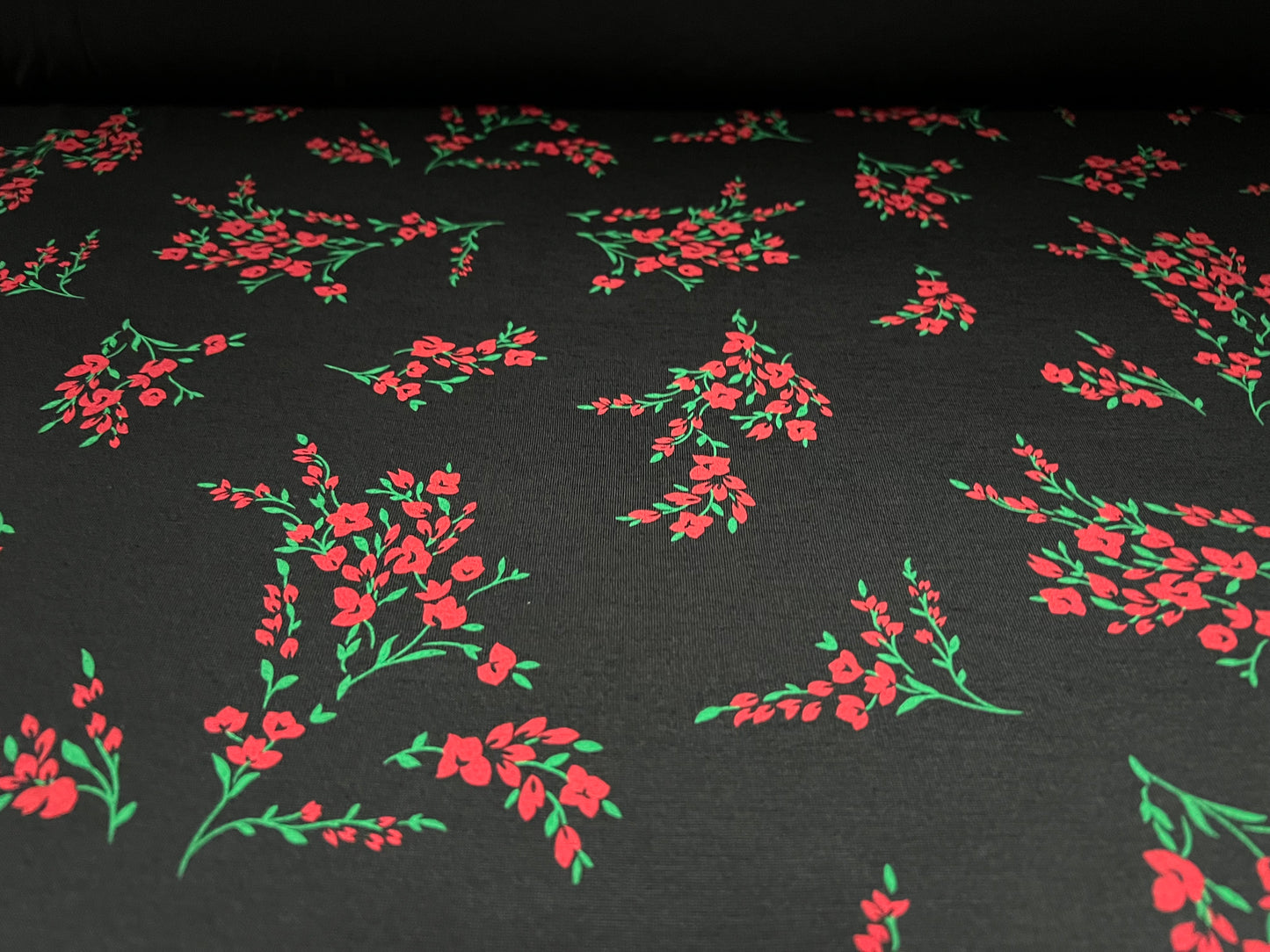 Viscose spandex stretch single jersey fabric, per metre - flower bouquet print - black & red