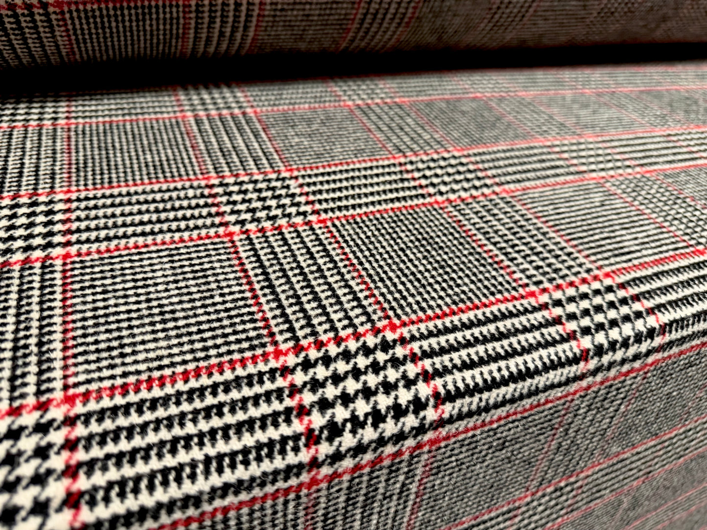 Heavyweight wool flannel coat jacket fabric, per metre - dogtooth check - black red & white