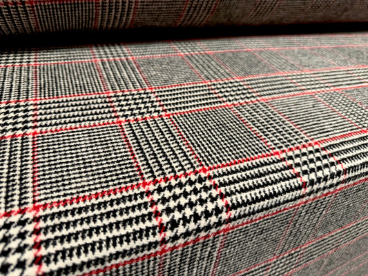 Heavyweight wool flannel coat jacket fabric, per metre - dogtooth check - black red & white