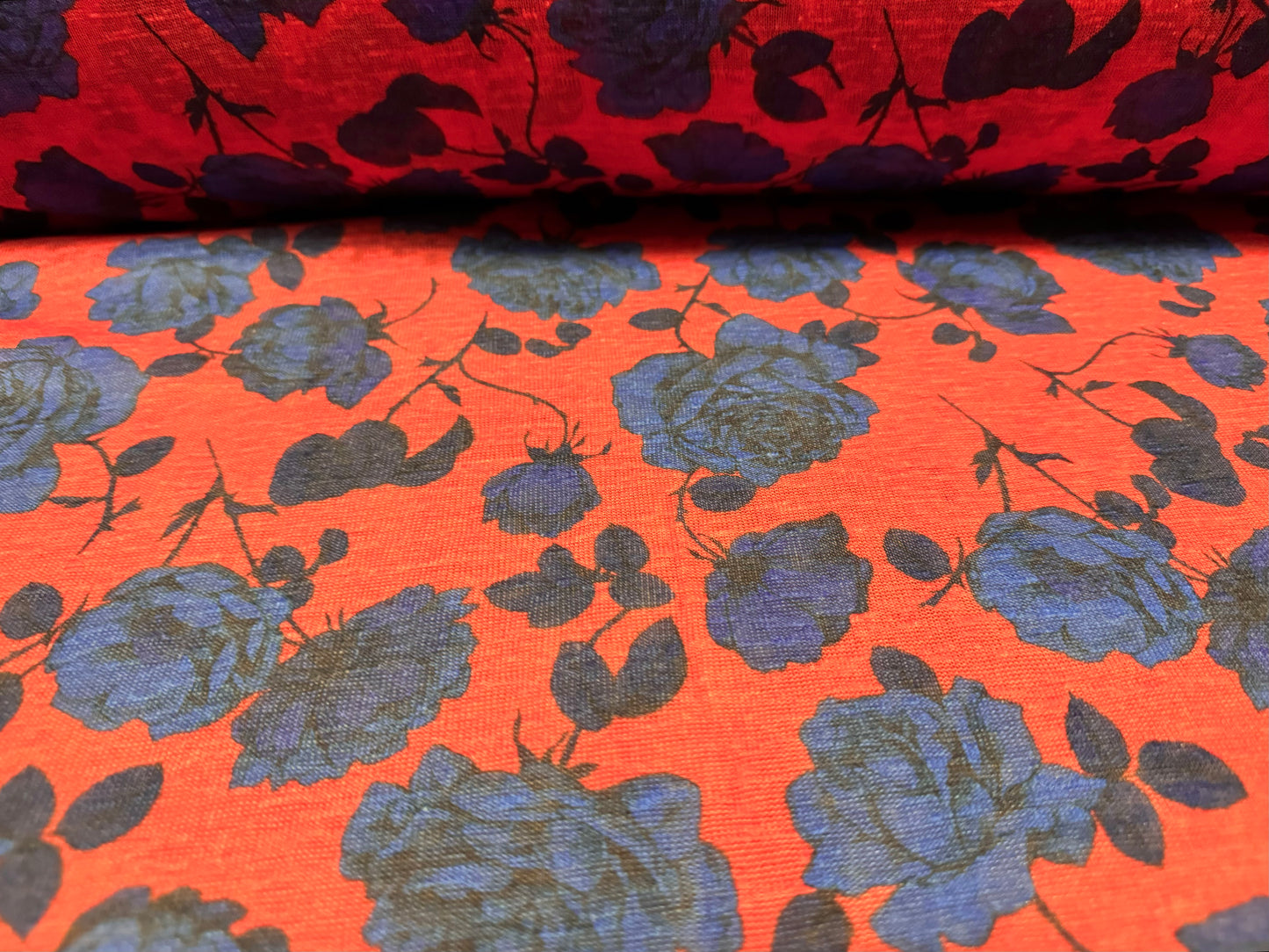 Thick & thin single jersey fashion fabric, per metre - rose flower print - red & blue