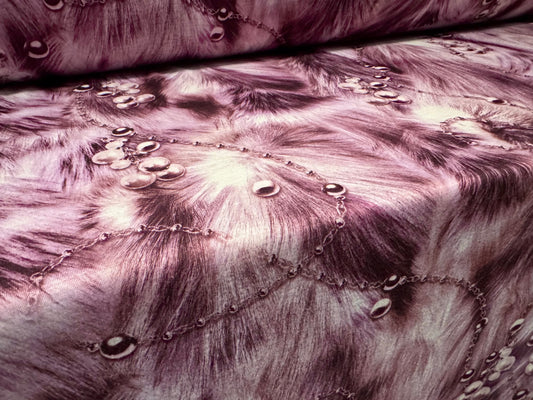 Soft handle single jersey fabric, per metre - pearls & fur print - purple