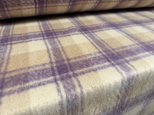 Wool faux fur fabric, per metre - check - lavender cream & beige