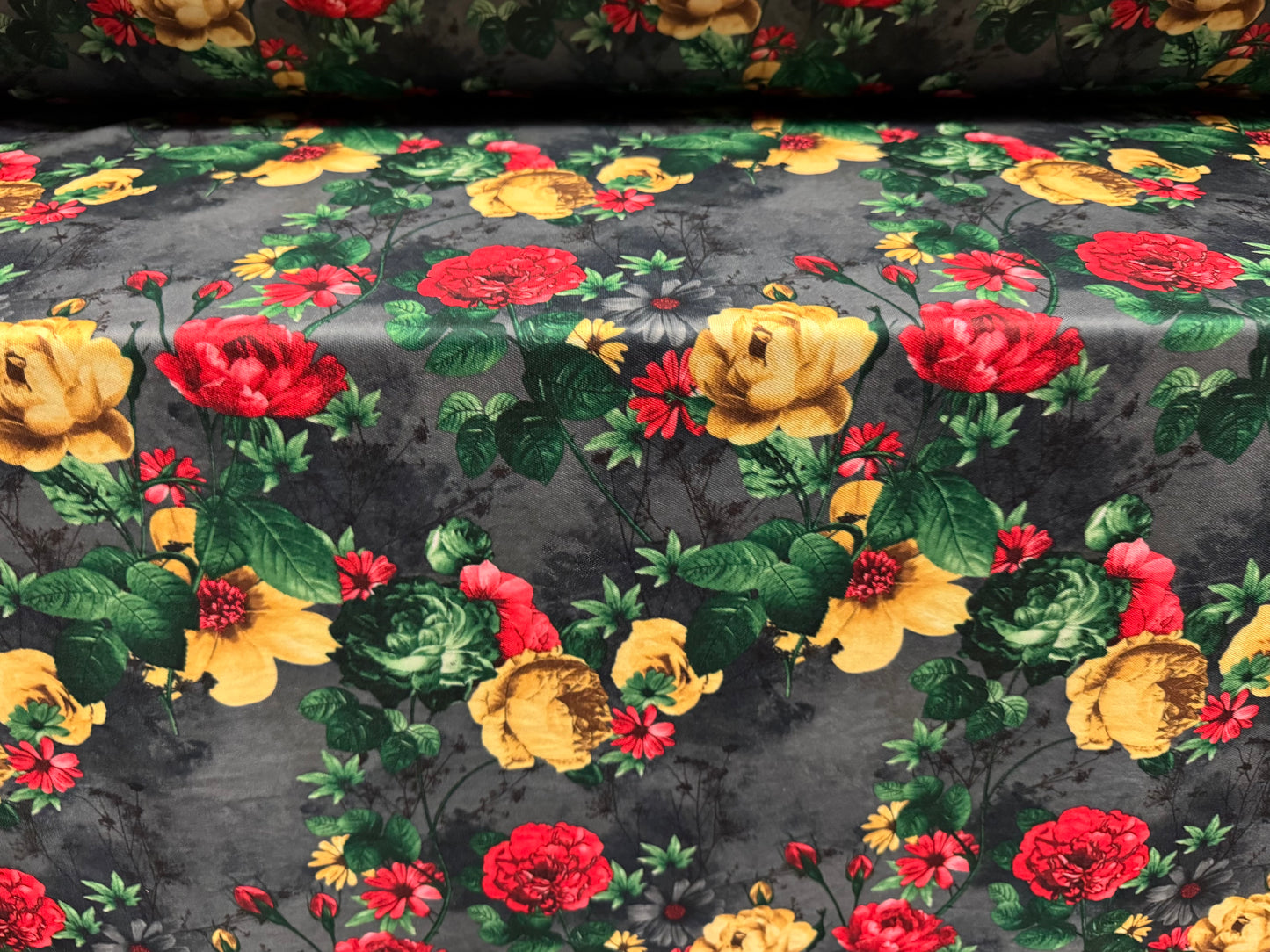 Double jersey upholstery fabric, per metre - rose print - grey red & gold