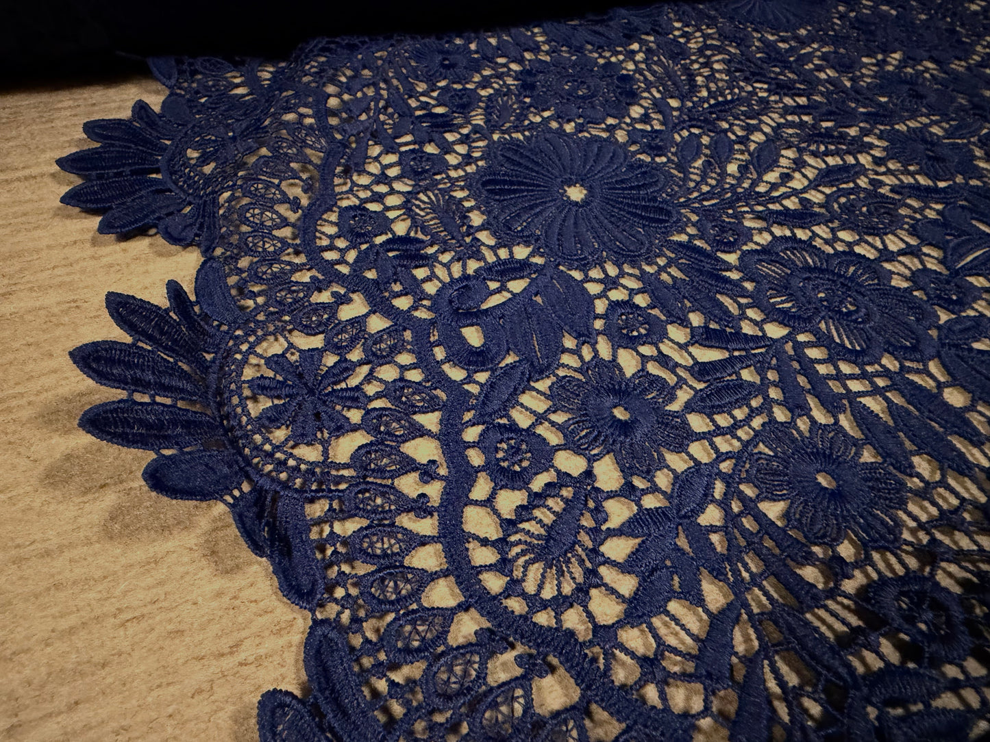 Cutwork embroidered couture lace dress fabric with decorative border, per metre - floral - navy