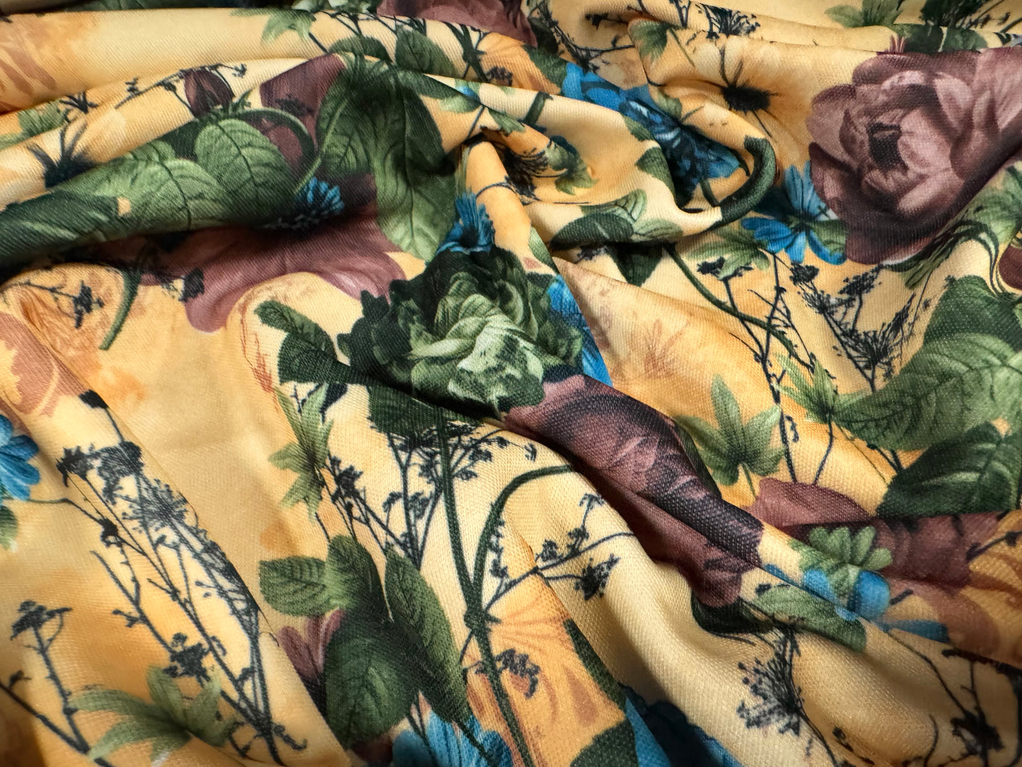 Double jersey upholstery fabric, per metre - wild rose print - old gold & cobalt