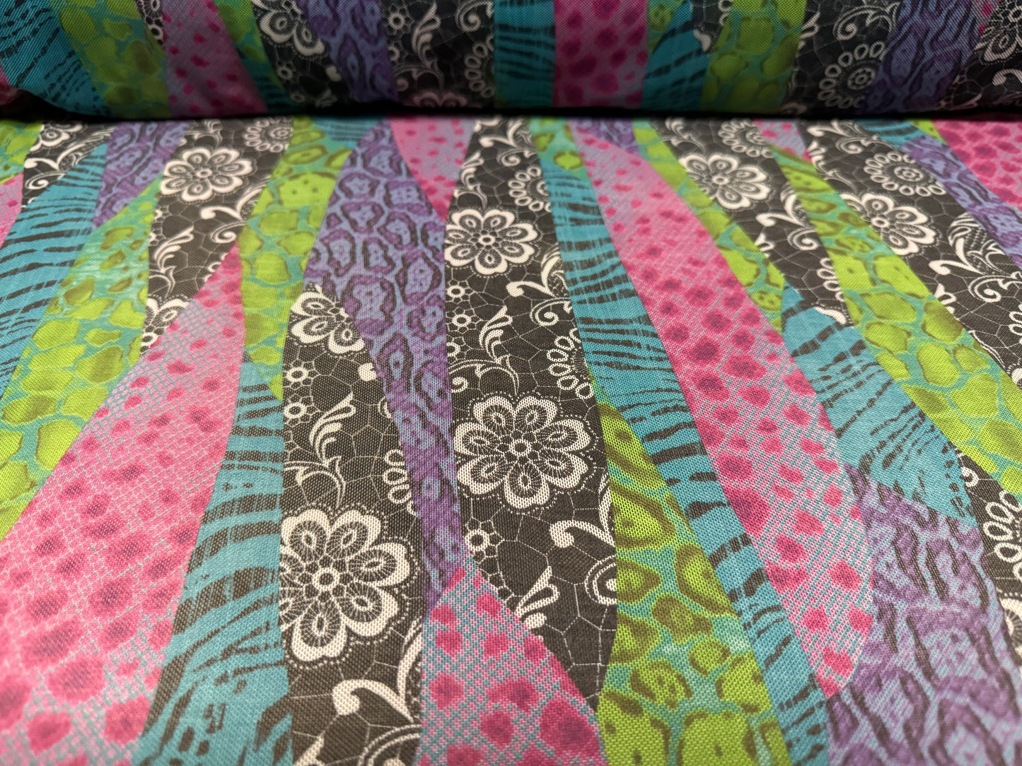 Power mesh net sheer stretch spandex fabric, per metre - lace and animal print fusion - multicolour