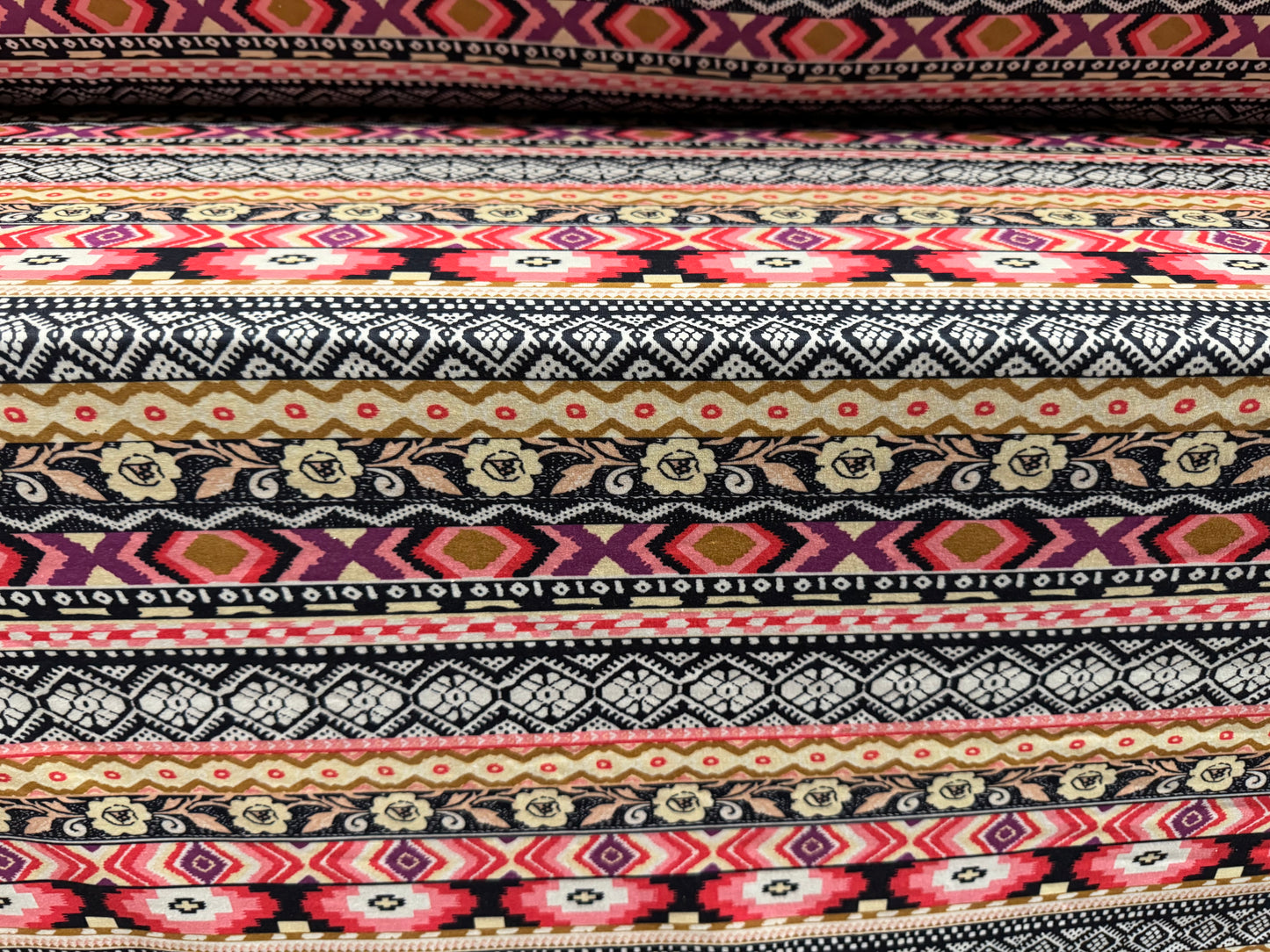 Stretch spandex interlock jersey fabric, per metre - Gaucho stripe print - black cream & pink