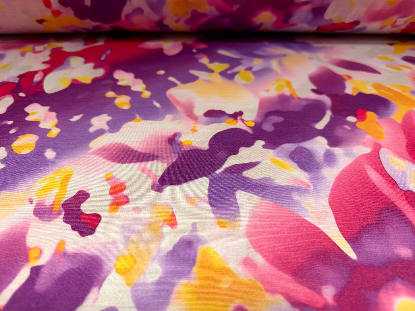 Soft handle single jersey fabric, per metre - inkwash petals print - purple & pink