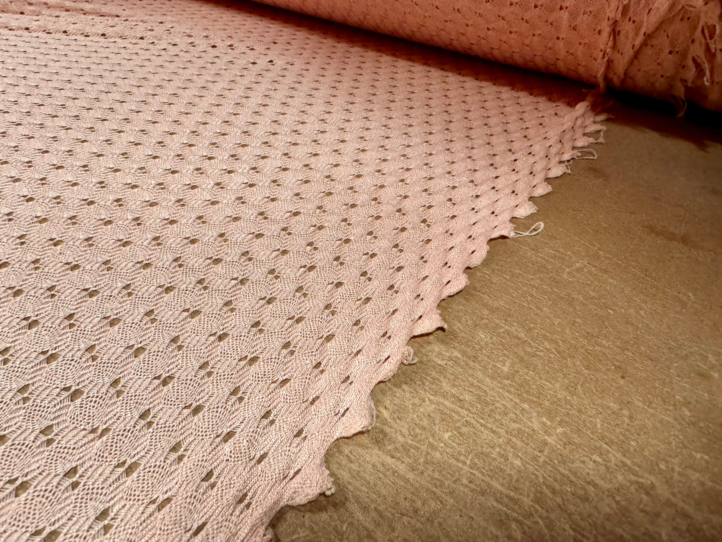 Crochet knit lace dress fabric, per metre - scalloped selvedge - pink