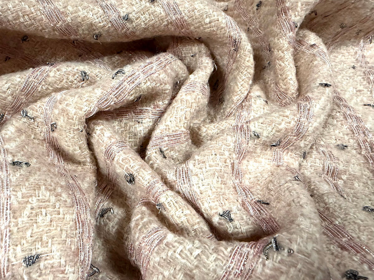 Heavyweight wool bouclé fabric, per metre - herringbone - pink metallic stripe