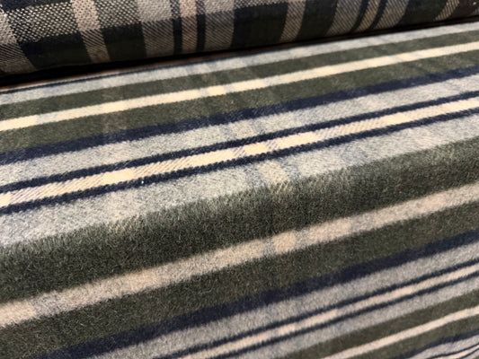 Heavyweight wool flannel fabric, per metre - plaid check - olive green & navy blue