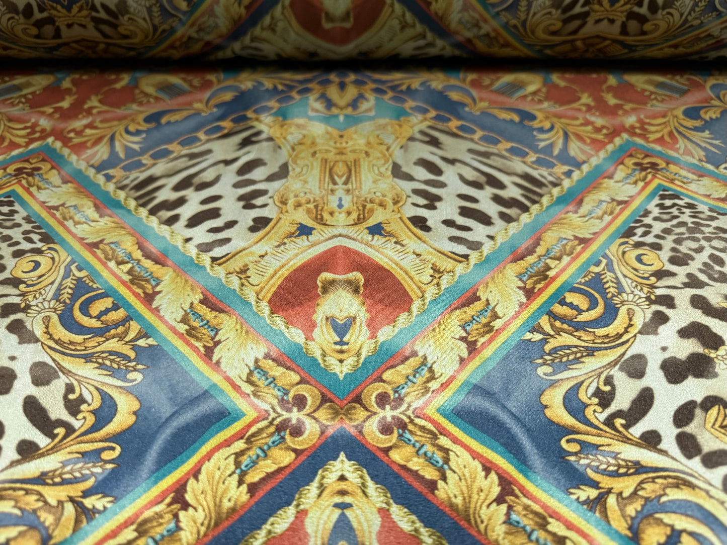 Faux suede stretch spandex jersey fabric, per metre - leopardskin & gold chains print - multicolour