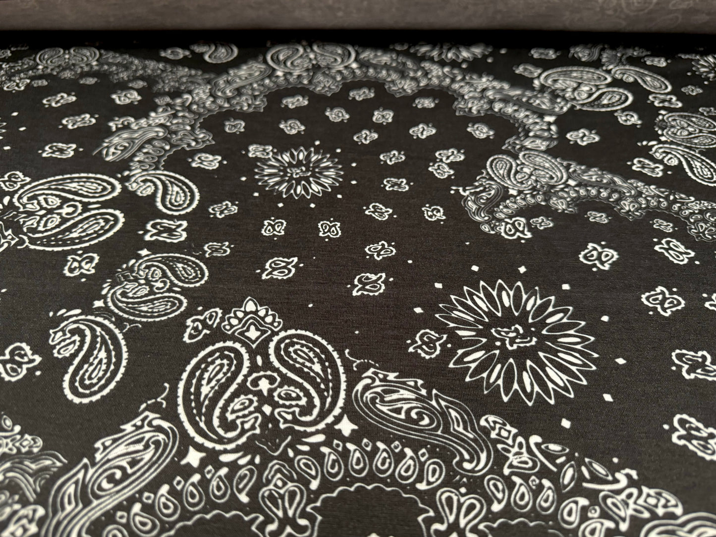 Soft handle stretch single jersey fashion fabric, per metre - paisley print - black & white