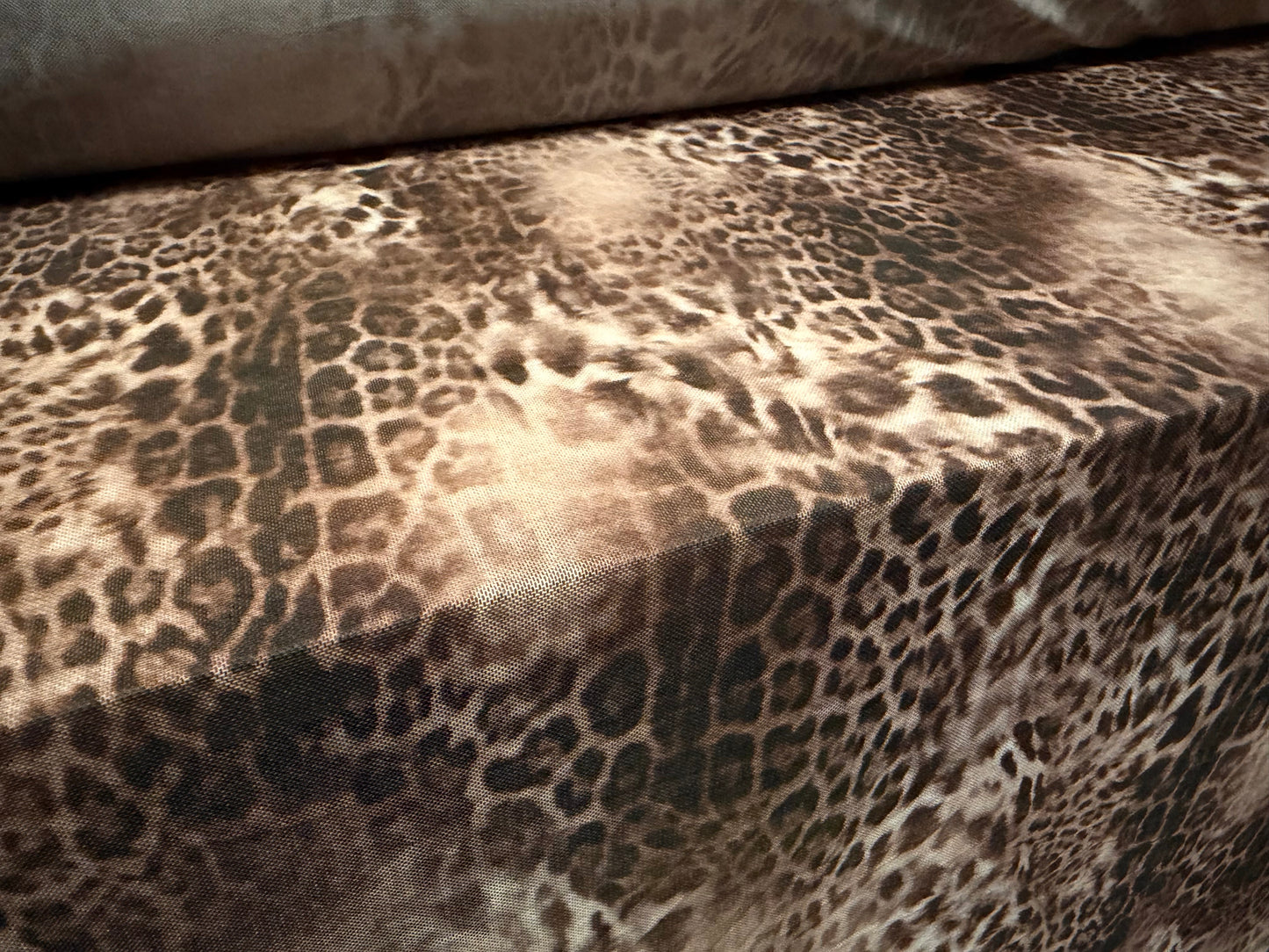 Power mesh net stretch spandex fabric, per metre - leopard animal print - taupe