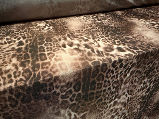 Power mesh net stretch spandex fabric, per metre - leopard animal print - taupe