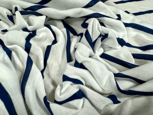 Viscose single jersey fabric, per metre - Breton stripe - white & navy blue