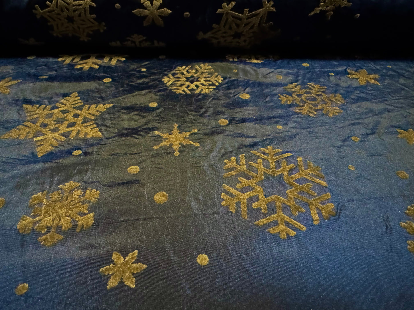 Taffeta faux silk fabric - flocked snowflake print - navy blue & brown