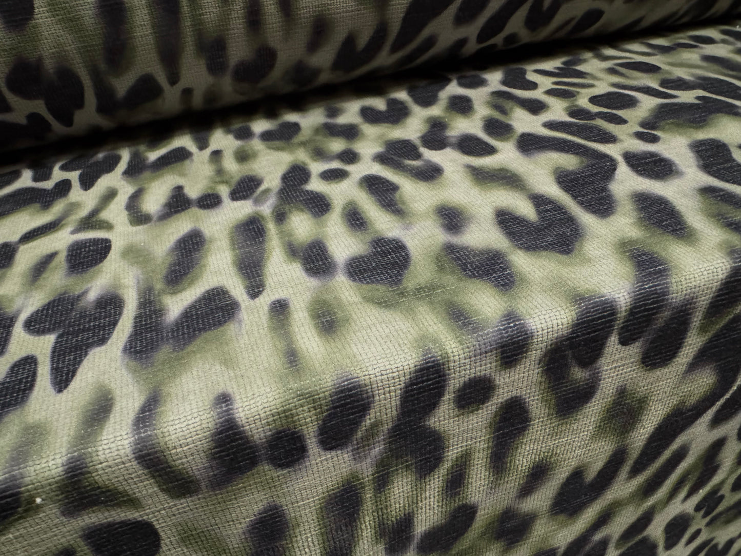 Chenille upholstery fabric, per metre - soft focus animal print - sage green