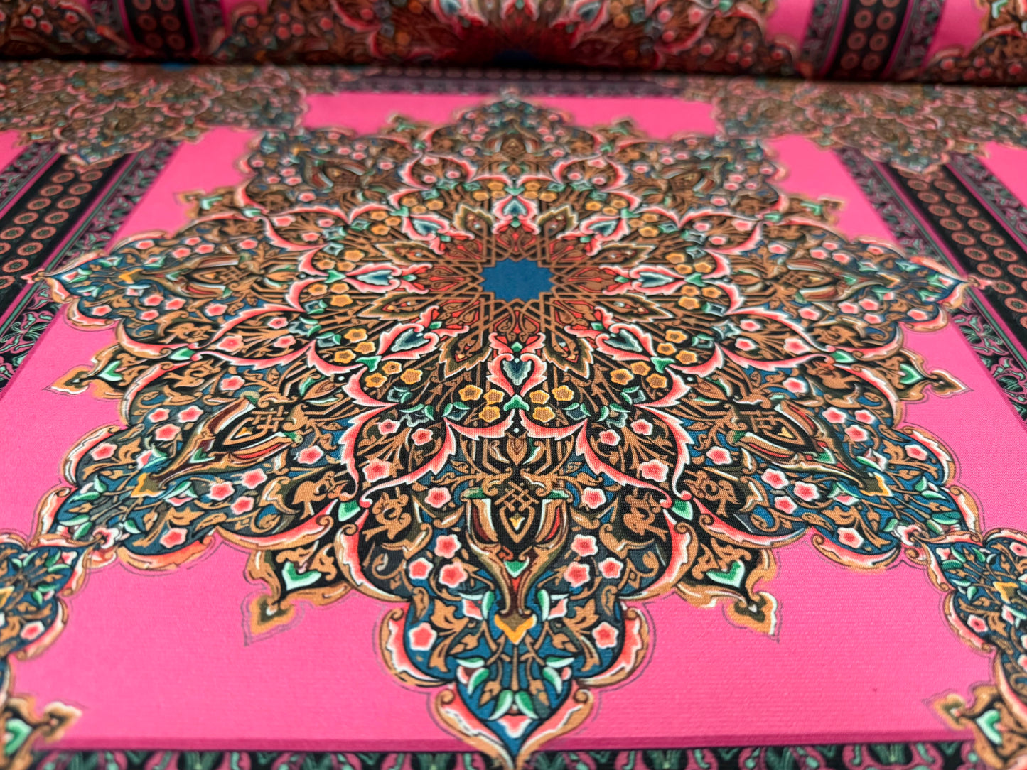 Soft touch stretch spandex jersey fabric, per metre - Arabesque floral print - pink