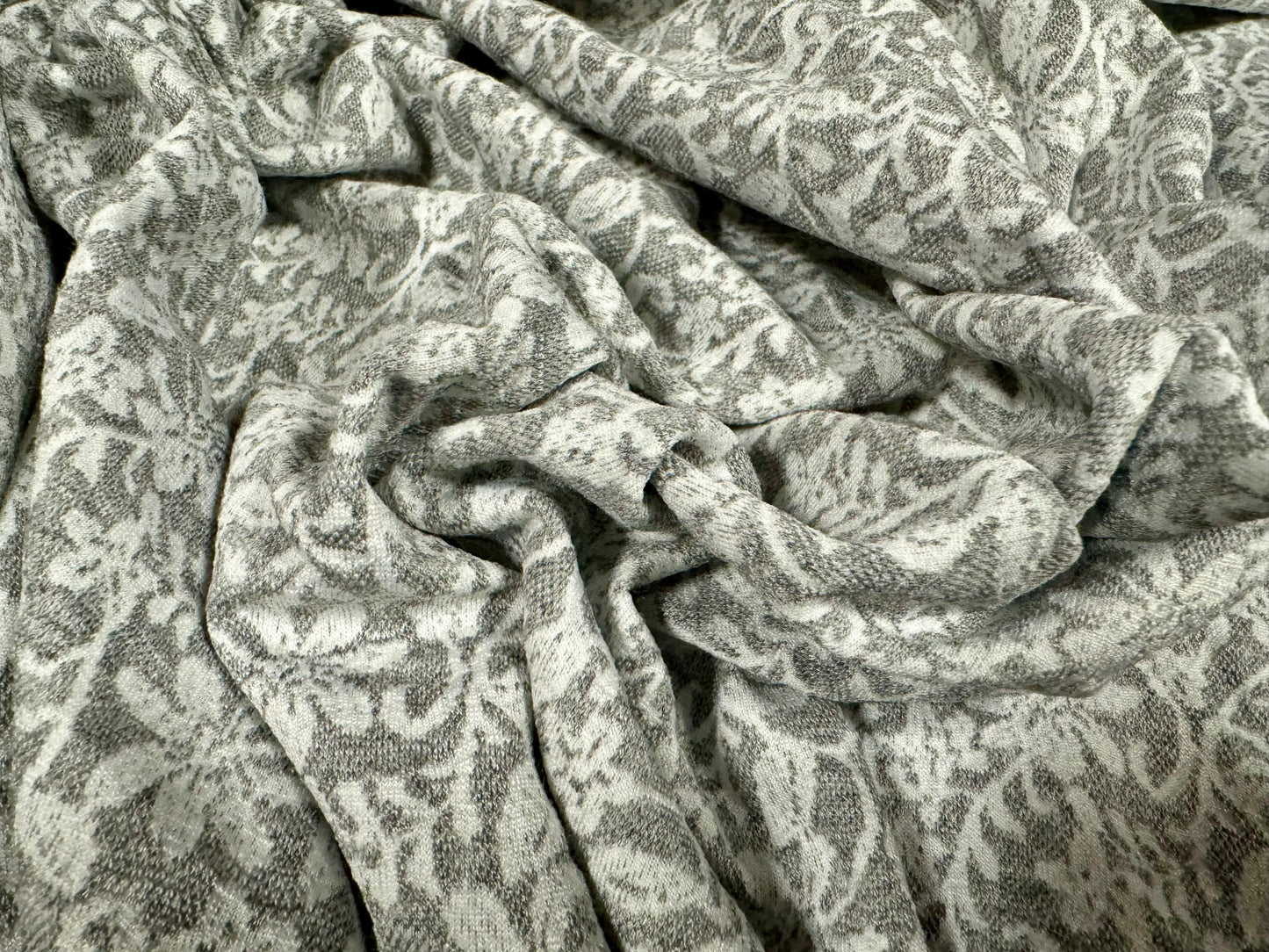 Stretch double jersey fashion fabric, per metre - floral damask jacquard - light grey