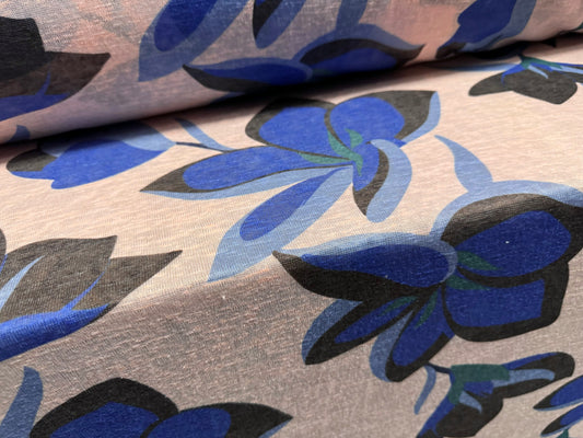 Thick & thin single jersey fashion fabric, per metre - stylised flower print - light pink & royal blue