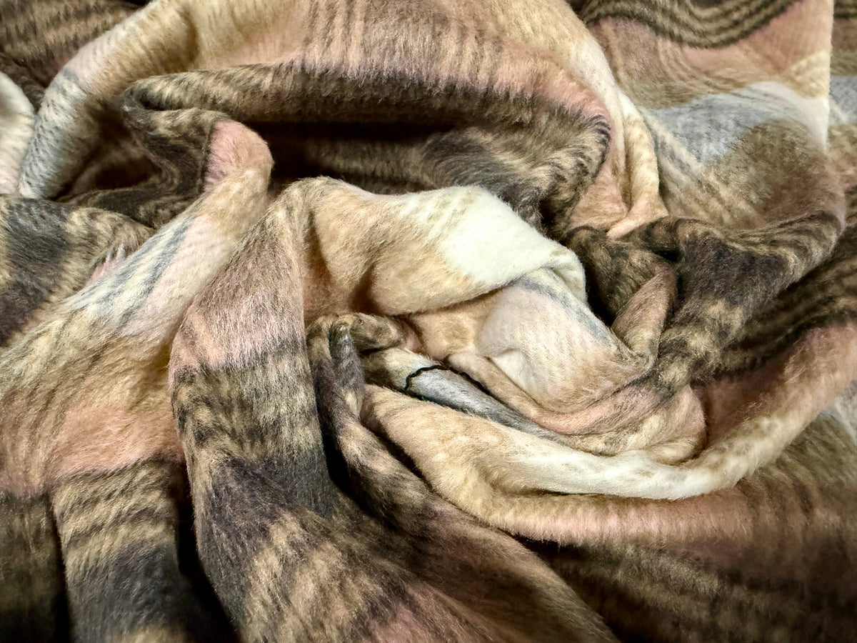 Wool flannel fabric, per metre - tartan check - dusky pink & caramel