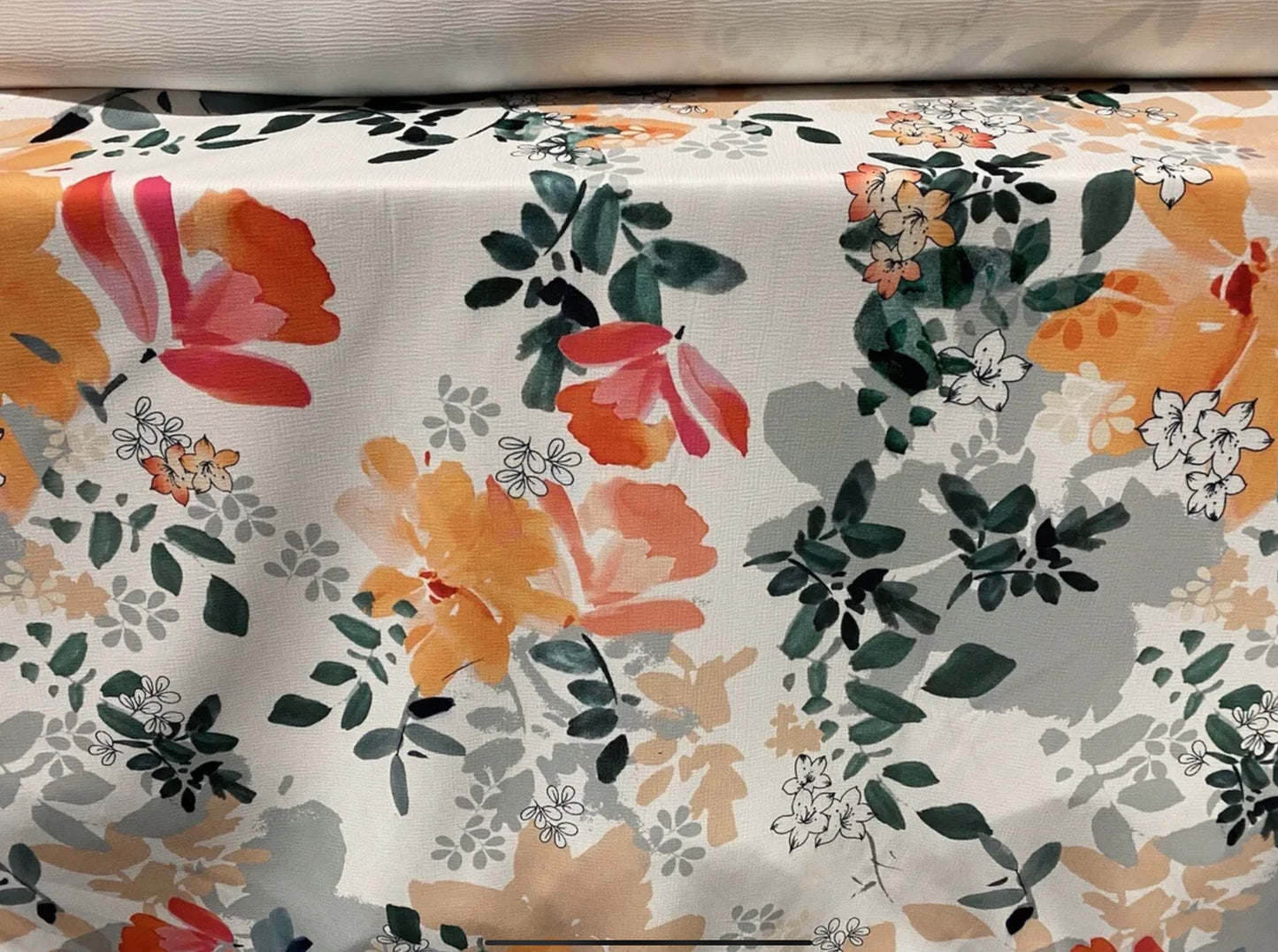 Stretch crepe woven dress fabric, per metre - floral print - white peach & grey