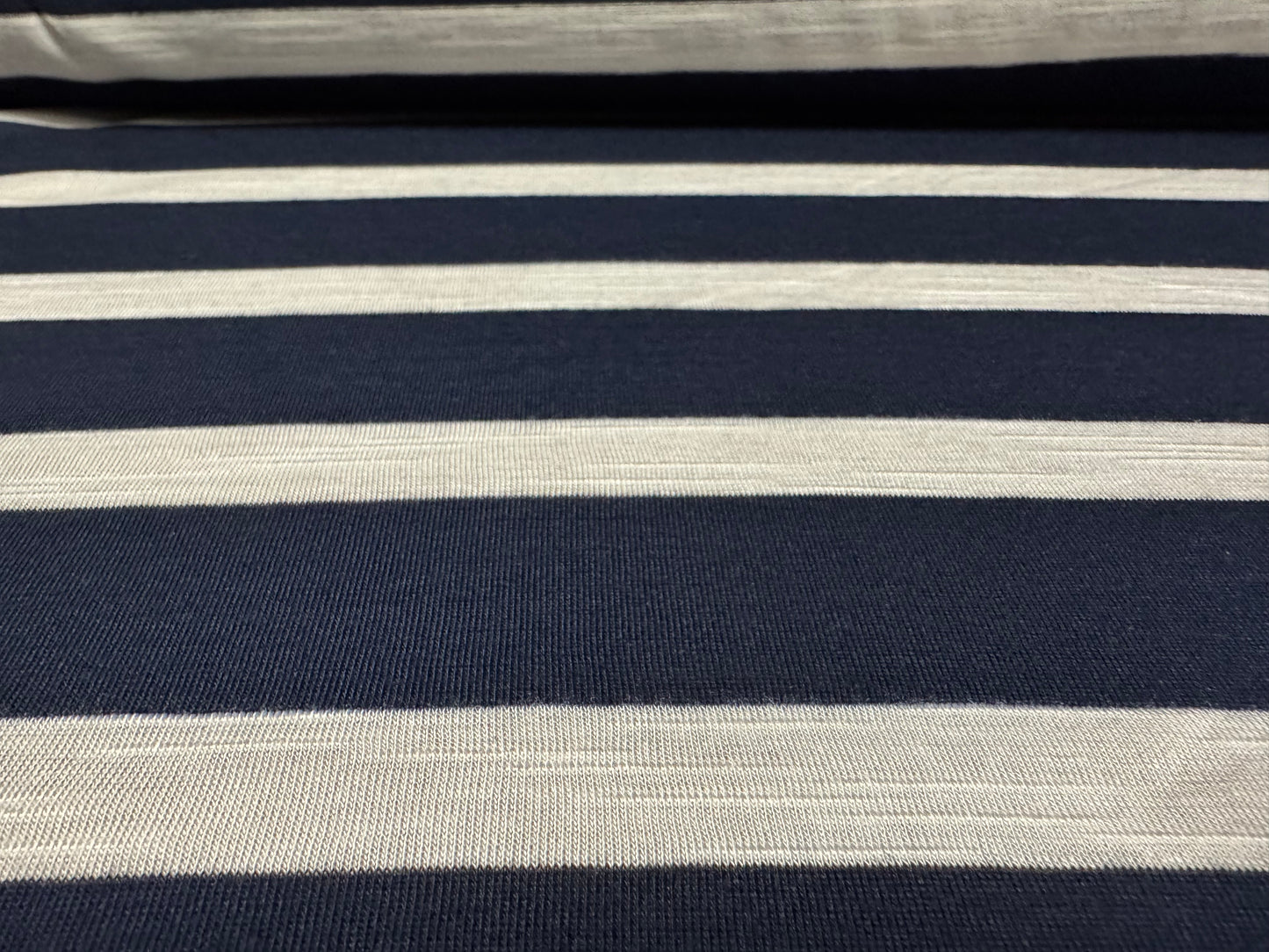 Soft handle single jersey fabric, per metre - slub stripe - navy blue & white