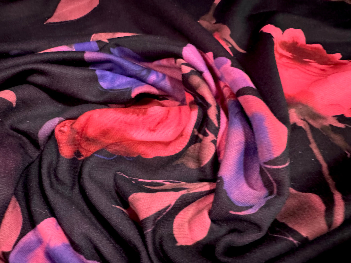 French Terry loopback sweatshirt jersey fabric, per metre - floral roses print - black & bright pink