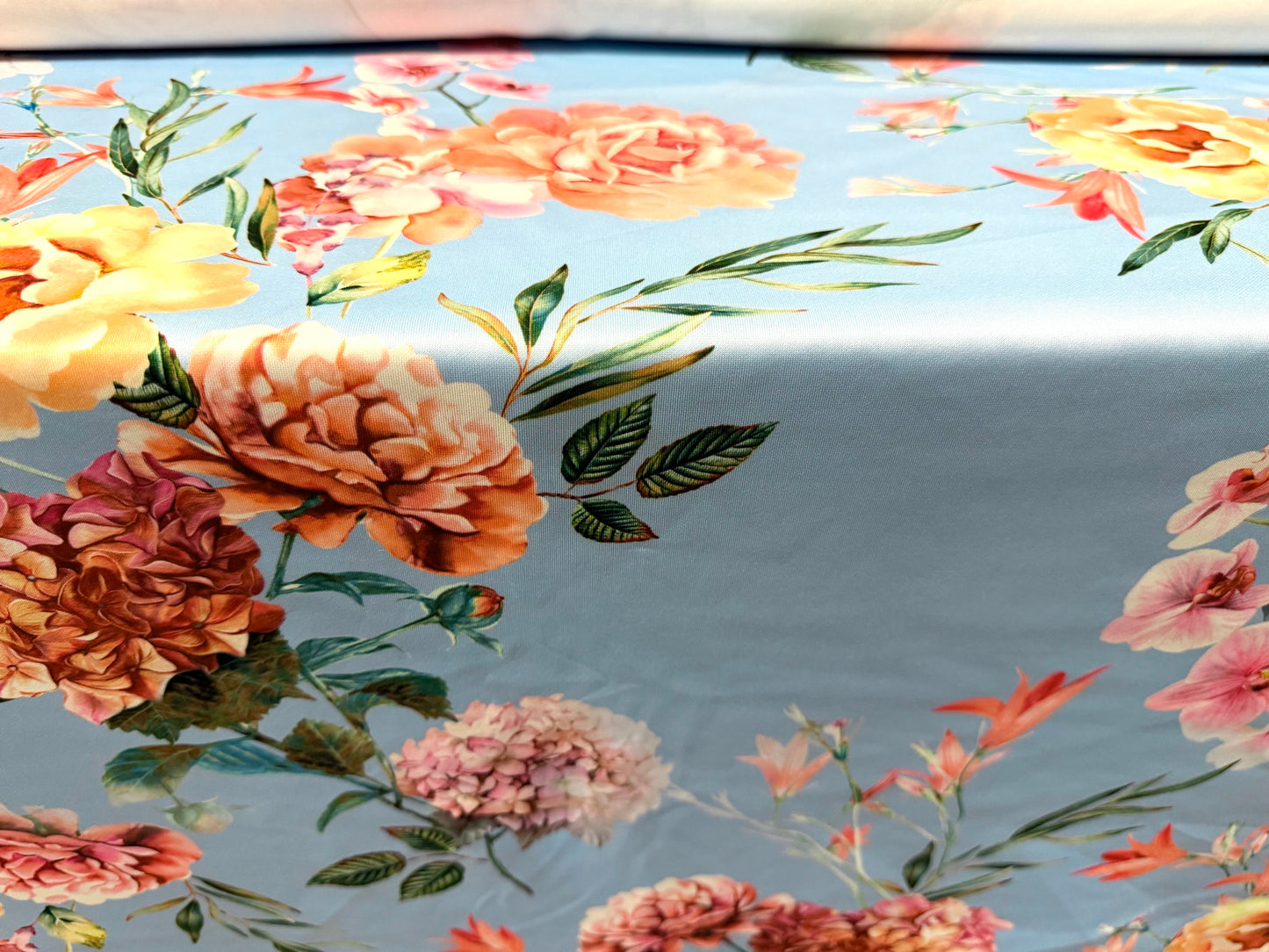 Scuba stretch spandex double jersey fabric, per metre - carnation floral print - sky blue