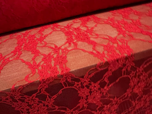 Stretch spandex lace mesh net fabric, per metre - floral pattern - red