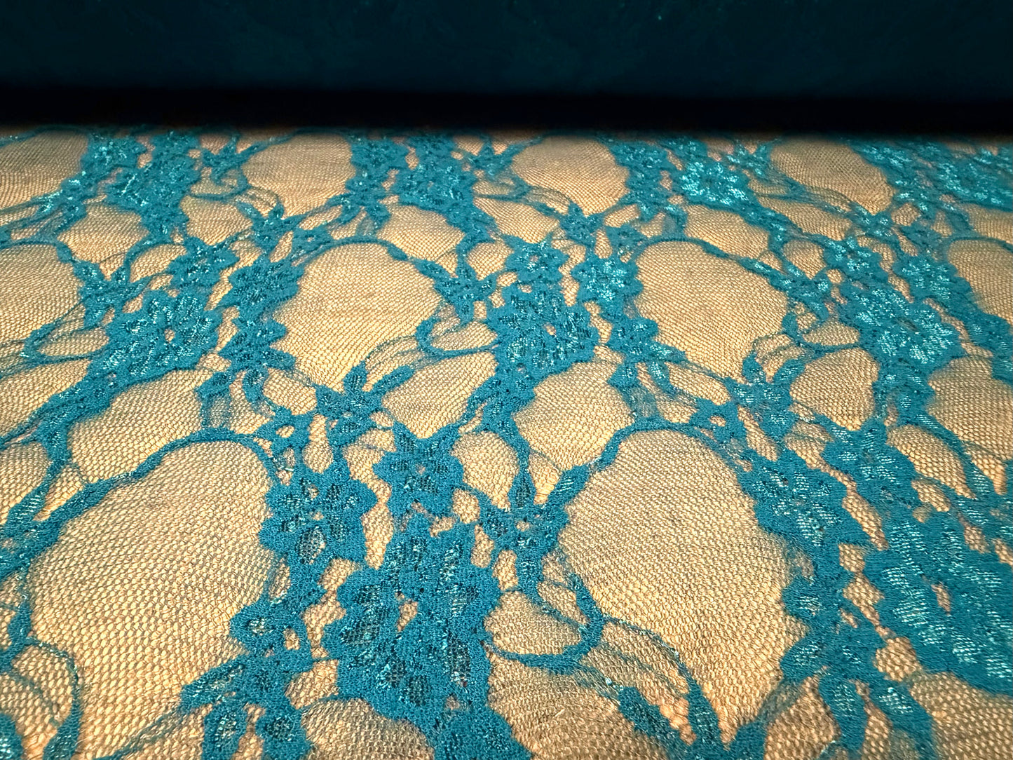 Stretch lace mesh fabric, per metre - floral - kingfisher blue