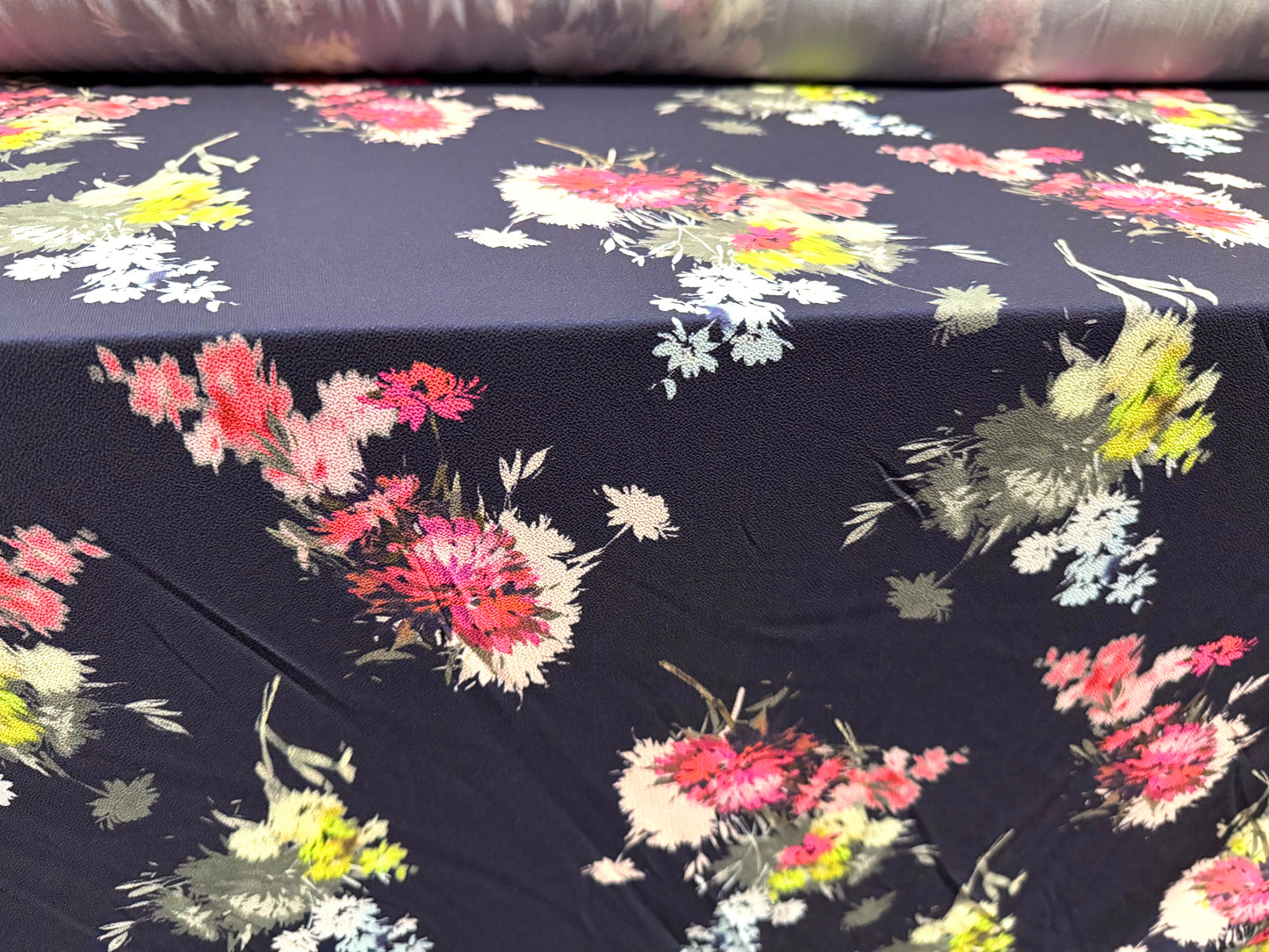 Stretch spandex crepe woven dress fabric, per metre - floral print - navy blue