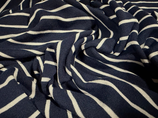 Ponte Roma double jersey knit stretch fabric, per metre - stripe - dark navy & white