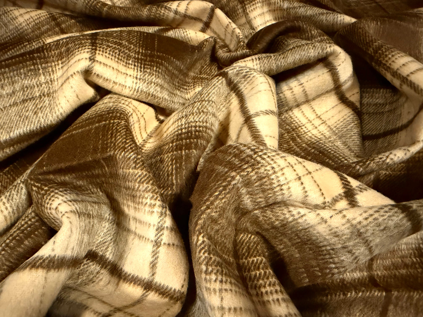 Heavyweight wool flannel coat jacket fabric, per metre - plaid check - brown & beige