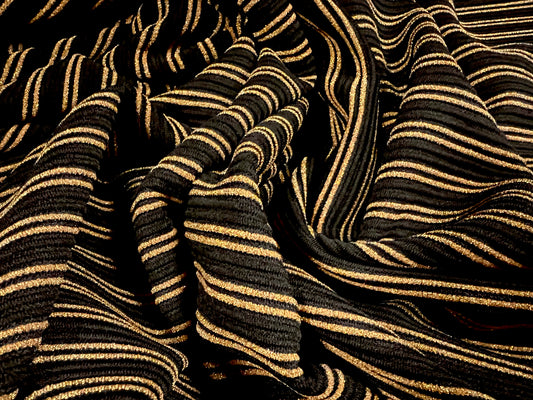 Metallic ottoman rib stretch double jersey fabric, per metre - tramline stripe - black & gold lurex