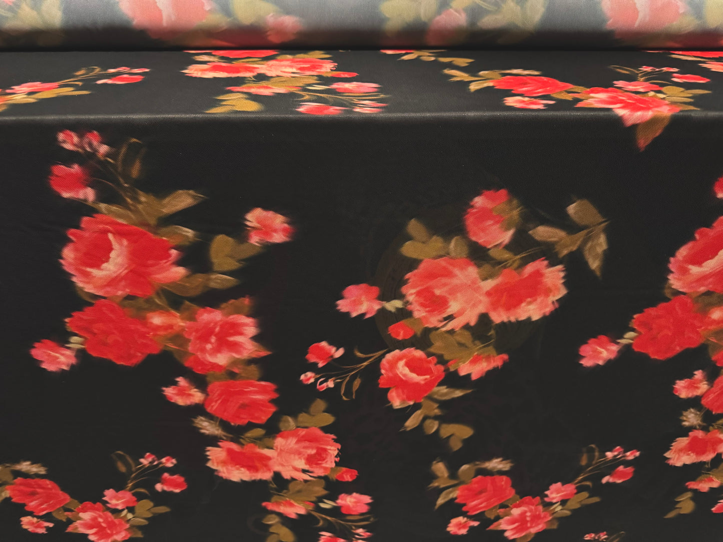 Power mesh net stretch spandex fabric, per metre - soft focus roses print - black & red