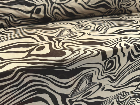 Power mesh net stretch spandex fabric, per metre - psychedelic zebra print - ebony & stone