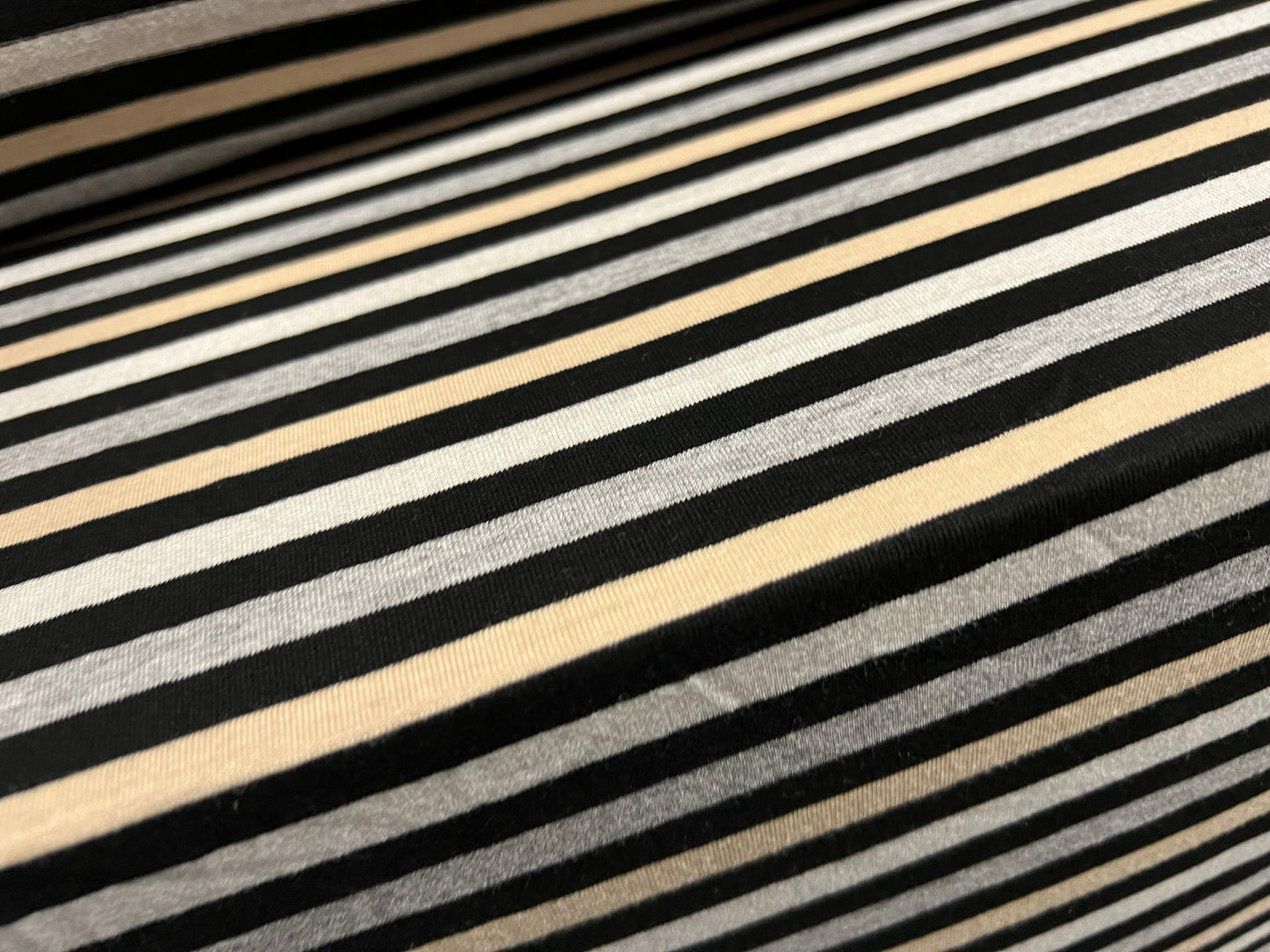 Stretch viscose blend single jersey fabric, per metre - stripe - black cream & grey marl