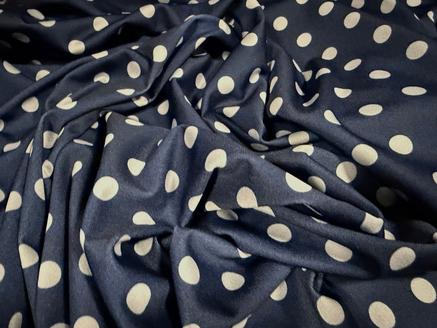 Stretch spandex crepe jersey fabric, per metre - polka dot print - navy & grey